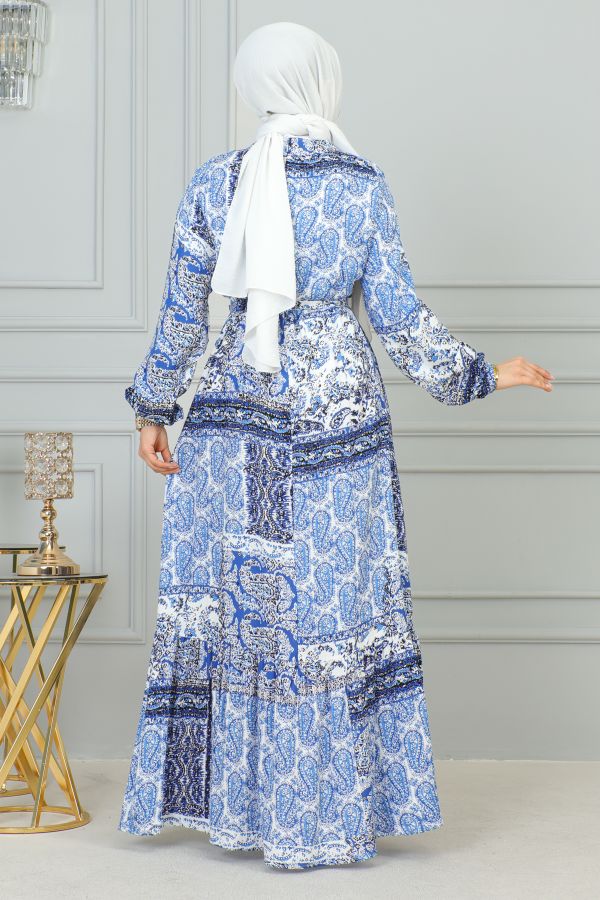 Etnik Desenli Eteği Fırfırlı Elbise-3164 Mavi