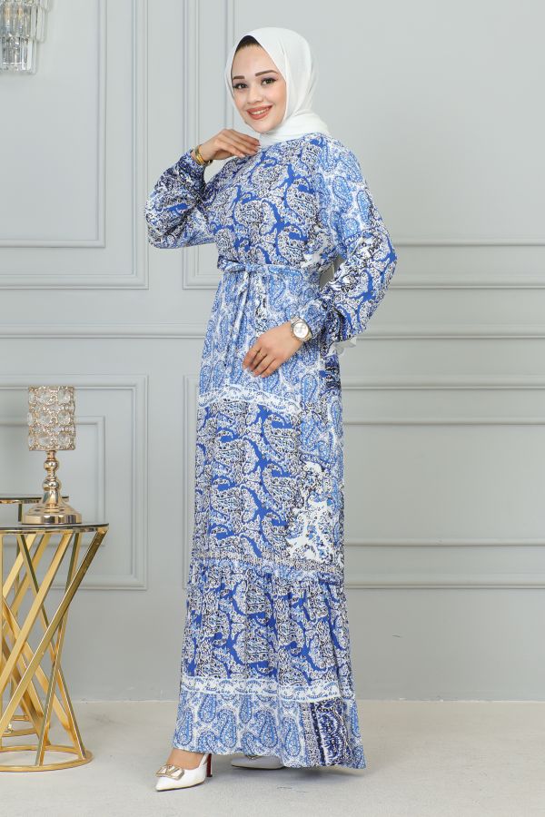 Etnik Desenli Eteği Fırfırlı Elbise-3164 Mavi