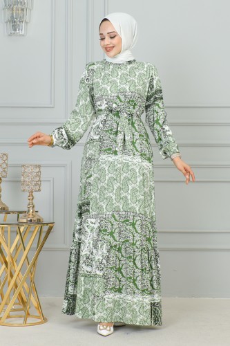 MY POLO - Etnik Desenli Eteği Fırfırlı Elbise-3164 Yeşil