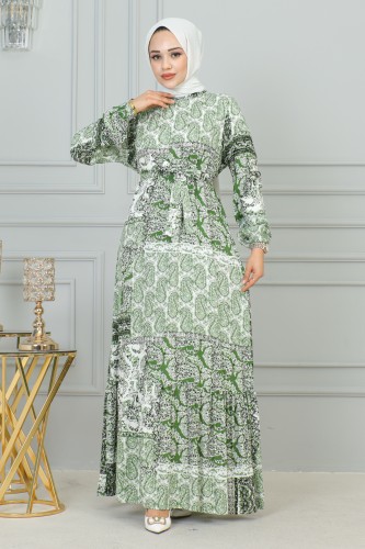 Etnik Desenli Eteği Fırfırlı Elbise-3164 Yeşil - Thumbnail