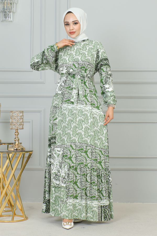 Etnik Desenli Eteği Fırfırlı Elbise-3164 Yeşil
