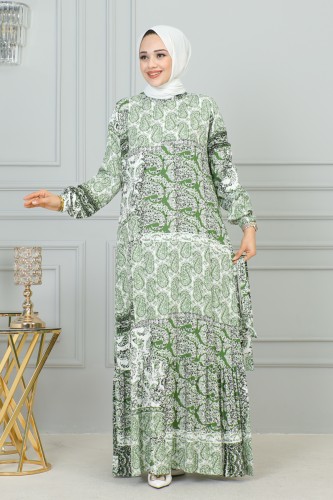 Etnik Desenli Eteği Fırfırlı Elbise-3164 Yeşil - Thumbnail