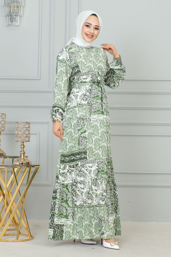 Etnik Desenli Eteği Fırfırlı Elbise-3164 Yeşil
