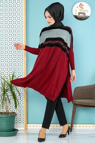 Modaebva - Etnik Desenli Triko Panço Tunik-308 Bordo