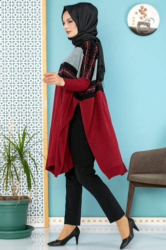 Modaebva - Etnik Desenli Triko Panço Tunik-308 Bordo (1)