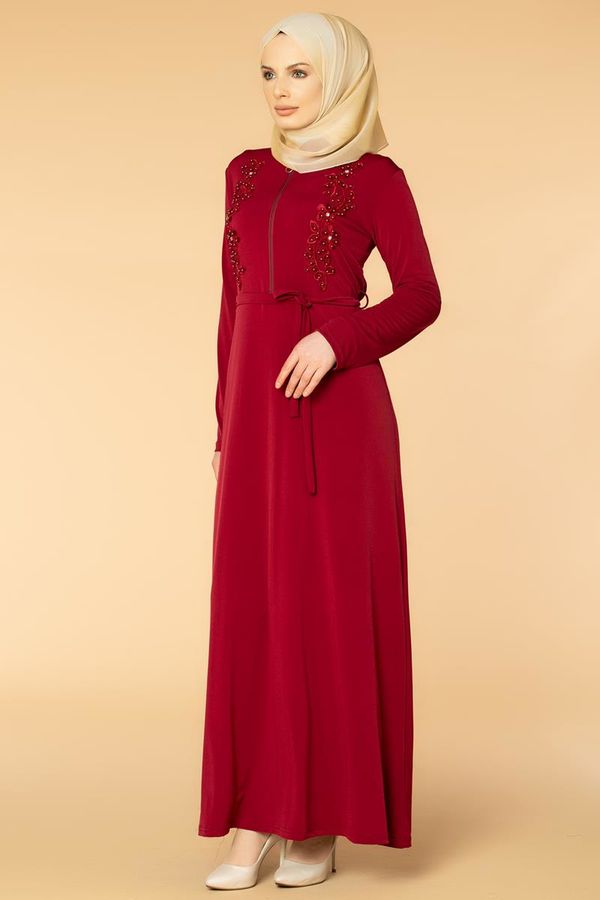 Fermuarlı Güpür ve İnci Detay Sandy Elbise-1728 Bordo