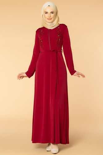 Fermuarlı Güpür ve İnci Detay Sandy Elbise-1728 Bordo - Thumbnail