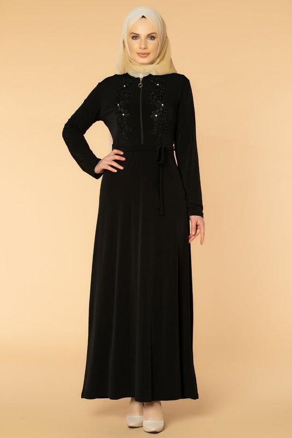 Fermuarlı Güpür ve İnci Detay Sandy Elbise-1728 Siyah
