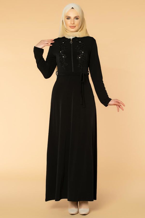 Fermuarlı Güpür ve İnci Detay Sandy Elbise-1728 Siyah