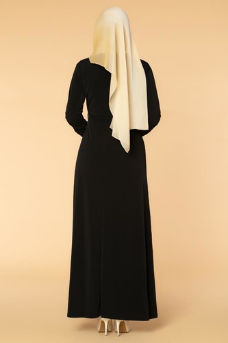 Fermuarlı Güpür ve İnci Detay Sandy Elbise-1728 Siyah - Thumbnail