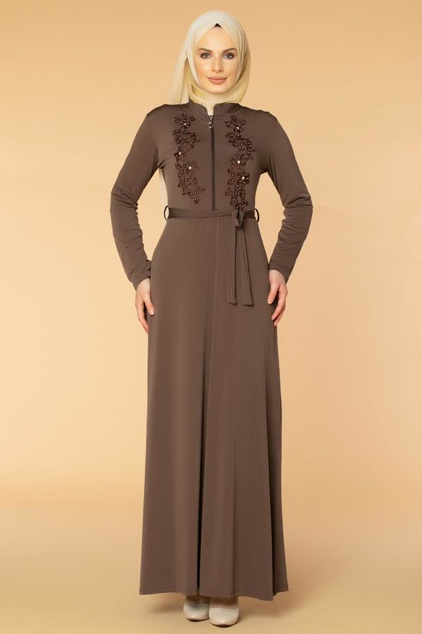 Fermuarlı Güpür ve İnci Detay Sandy Elbise-1728 Vizon