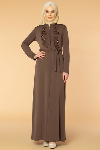Fermuarlı Güpür ve İnci Detay Sandy Elbise-1728 Vizon - Thumbnail