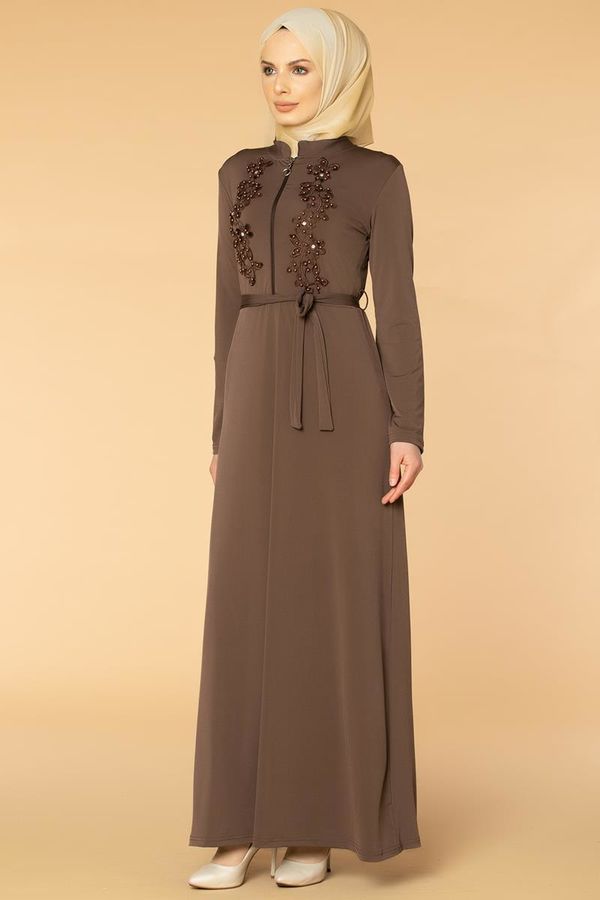 Fermuarlı Güpür ve İnci Detay Sandy Elbise-1728 Vizon