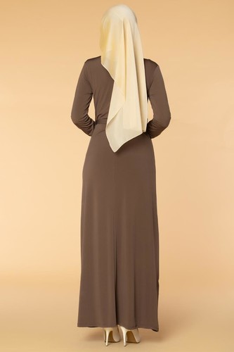 Fermuarlı Güpür ve İnci Detay Sandy Elbise-1728 Vizon - Thumbnail