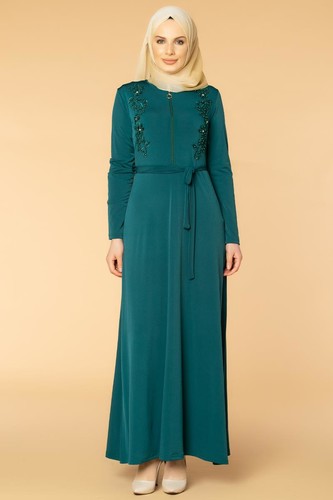 Fermuarlı Güpür ve İnci Detay Sandy Elbise-1728 Zümrüt - Thumbnail