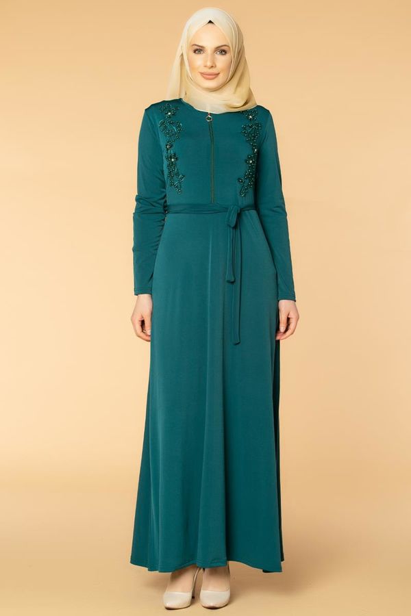 Fermuarlı Güpür ve İnci Detay Sandy Elbise-1728 Zümrüt
