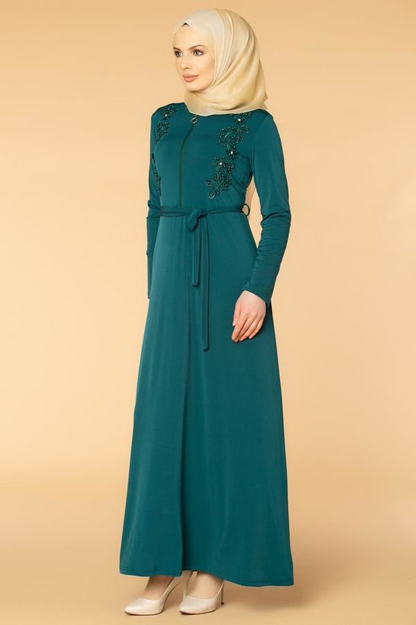Fermuarlı Güpür ve İnci Detay Sandy Elbise-1728 Zümrüt