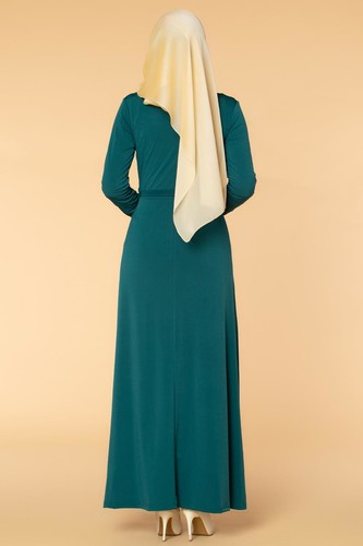 Fermuarlı Güpür ve İnci Detay Sandy Elbise-1728 Zümrüt - Thumbnail