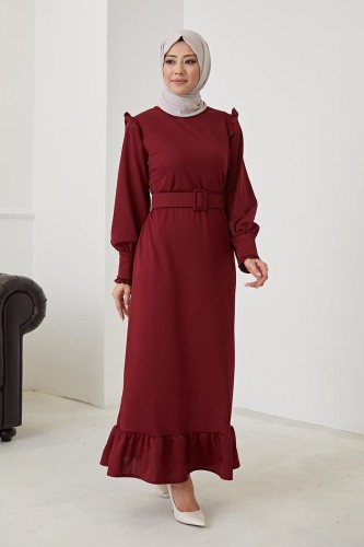Fırfır Detay Kemerli Tesettür Elbise-3031 Bordo - 2