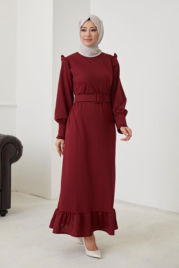 Fırfır Detay Kemerli Tesettür Elbise-3031 Bordo - 2