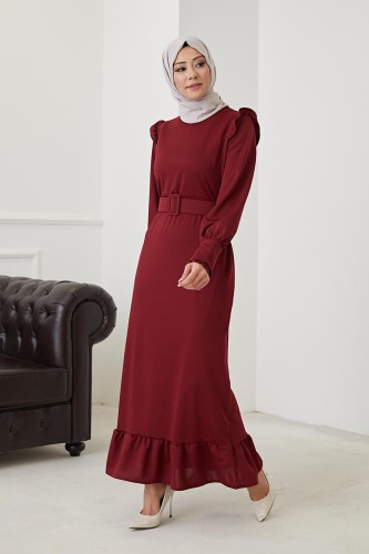 Fırfır Detay Kemerli Tesettür Elbise-3031 Bordo - 3