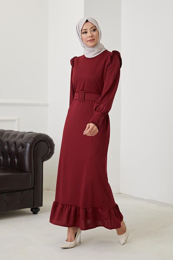 Fırfır Detay Kemerli Tesettür Elbise-3031 Bordo - 3