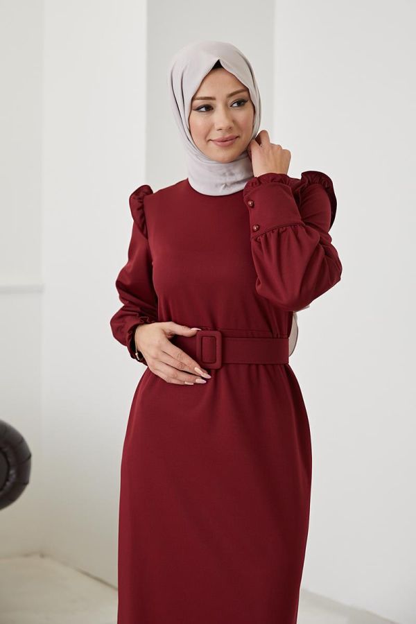 Fırfır Detay Kemerli Tesettür Elbise-3031 Bordo - 4