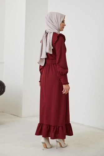 Fırfır Detay Kemerli Tesettür Elbise-3031 Bordo - 5