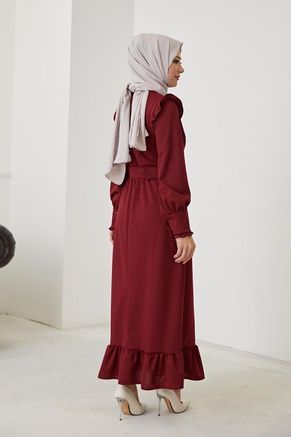 Fırfır Detay Kemerli Tesettür Elbise-3031 Bordo - 5