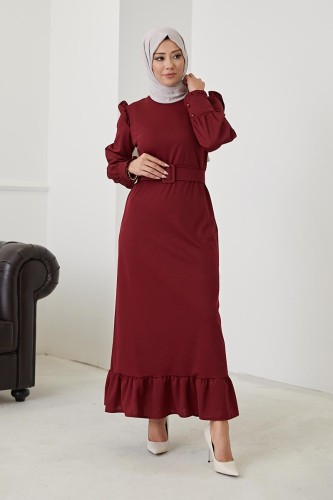 Fırfır Detay Kemerli Tesettür Elbise-3031 Bordo - 1