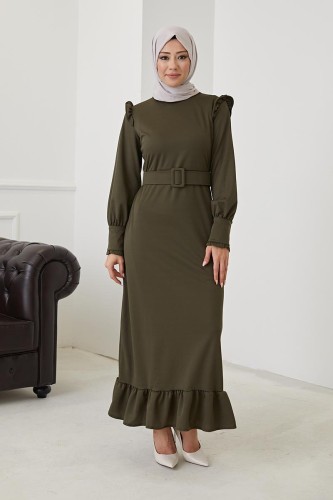 Fırfır Detay Kemerli Tesettür Elbise-3031 Hakiyeşil - Thumbnail