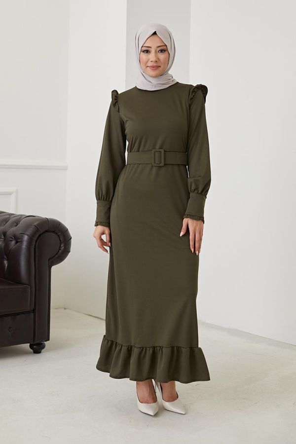 Fırfır Detay Kemerli Tesettür Elbise-3031 Hakiyeşil