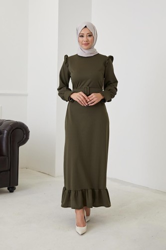 Fırfır Detay Kemerli Tesettür Elbise-3031 Hakiyeşil - 3