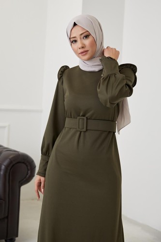 Fırfır Detay Kemerli Tesettür Elbise-3031 Hakiyeşil - Thumbnail