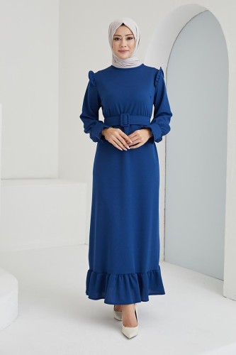 Modaebva - Fırfır Detay Kemerli Tesettür Elbise-3031 Mavi