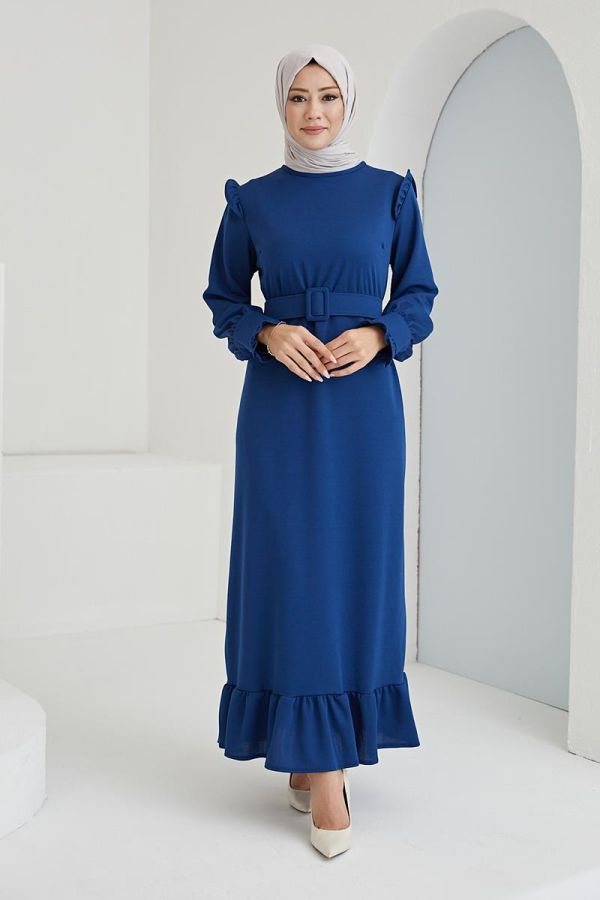 Fırfır Detay Kemerli Tesettür Elbise-3031 Mavi