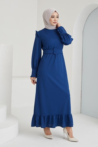 Fırfır Detay Kemerli Tesettür Elbise-3031 Mavi - Thumbnail