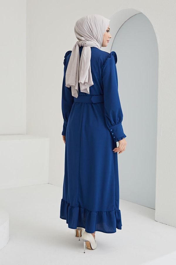 Fırfır Detay Kemerli Tesettür Elbise-3031 Mavi