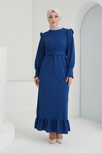 Fırfır Detay Kemerli Tesettür Elbise-3031 Mavi - Thumbnail