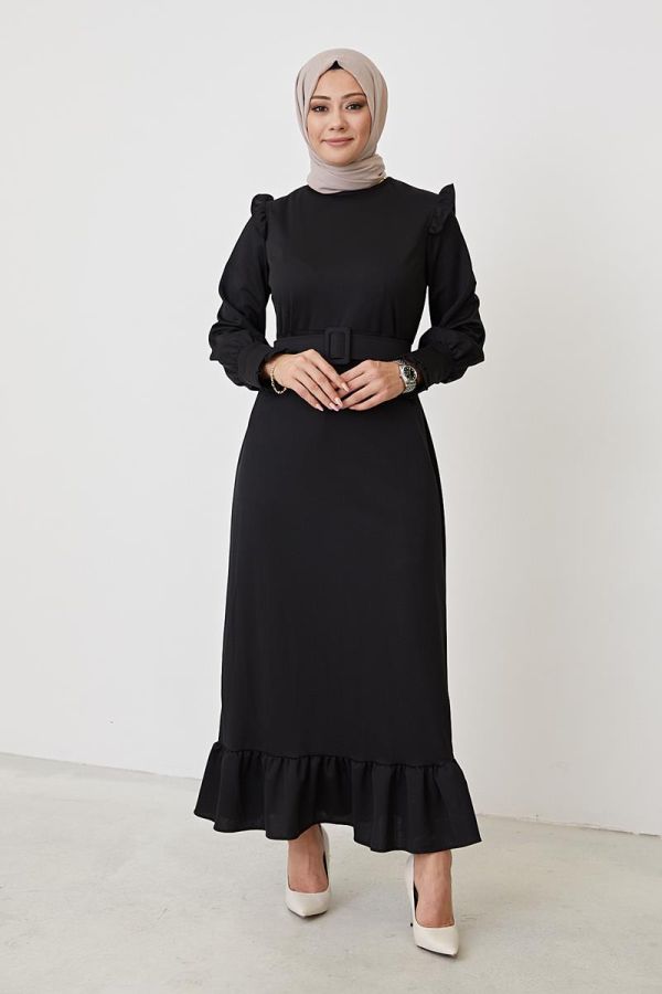 Fırfır Detay Kemerli Tesettür Elbise-3031 Siyah