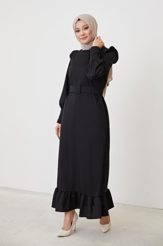 Modaebva - Fırfır Detay Kemerli Tesettür Elbise-3031 Siyah (1)