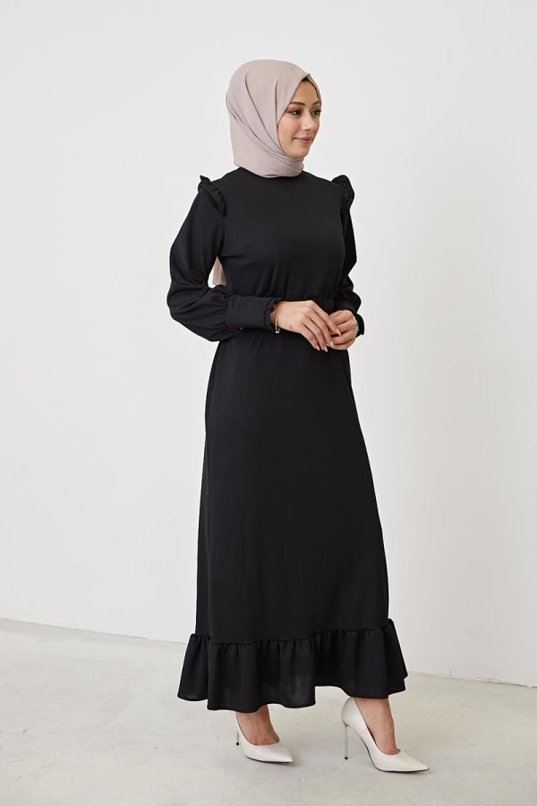Fırfır Detay Kemerli Tesettür Elbise-3031 Siyah