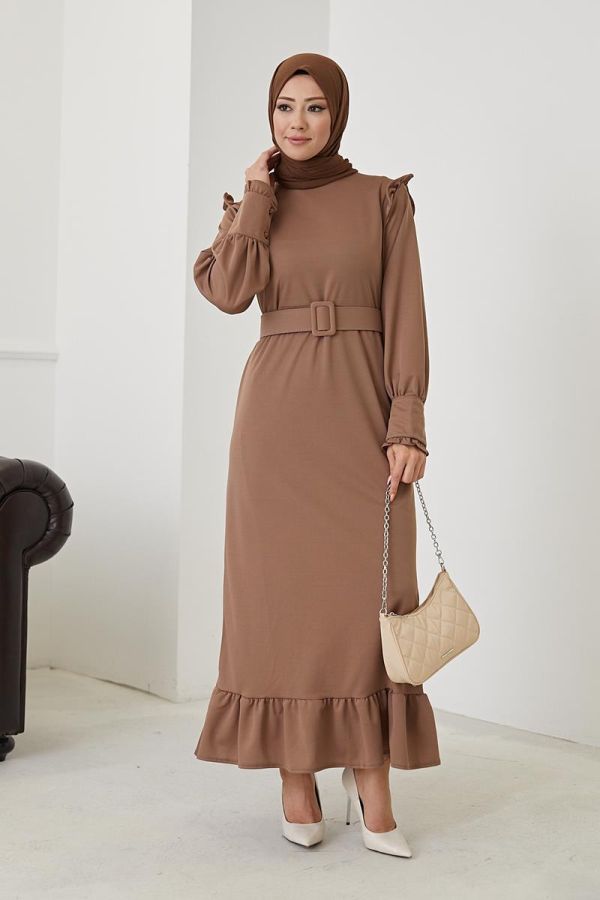 Fırfır Detay Kemerli Tesettür Elbise-3031 Vizon