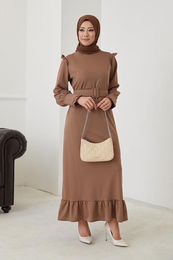 Fırfır Detay Kemerli Tesettür Elbise-3031 Vizon