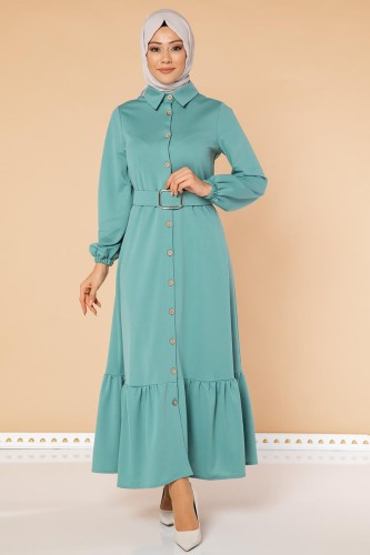 Fırfır Detay Önden Düğmeli Tesettür elbise-3048 Mintyeşili - Thumbnail
