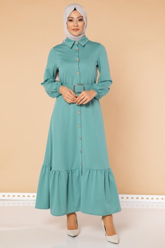 Fırfır Detay Önden Düğmeli Tesettür elbise-3048 Mintyeşili - Thumbnail