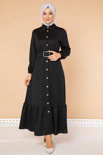 Modaebva - Fırfır Detay Önden Düğmeli Tesettür elbise-3048 Siyah