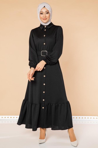 Fırfır Detay Önden Düğmeli Tesettür elbise-3048 Siyah - Thumbnail