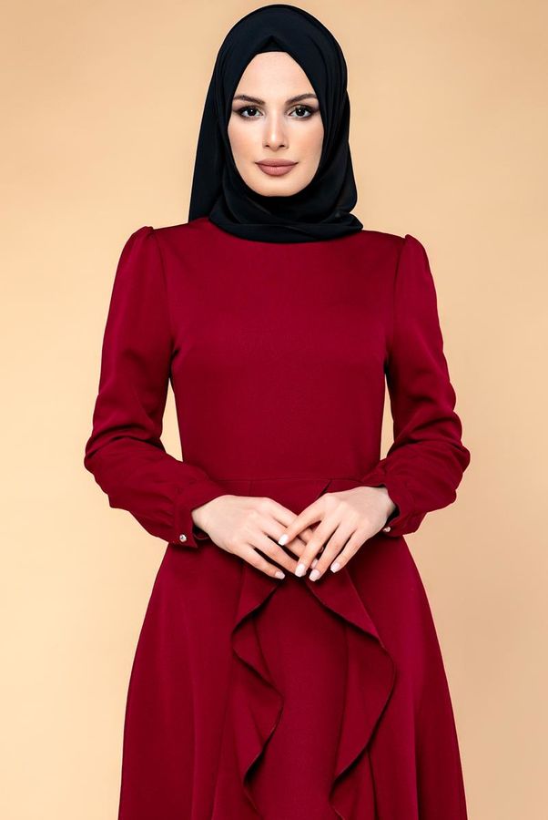 Fırfır Detay Tesettür Elbise-1162 Bordo