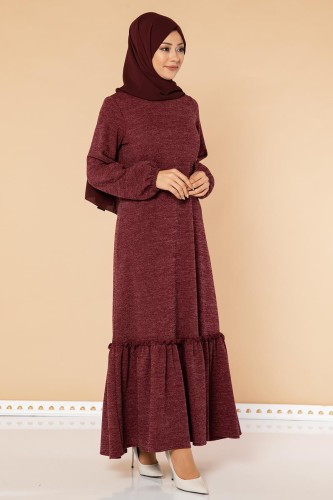 Fırfır Detay Tesettür Elbise- 3067 Bordo - 3